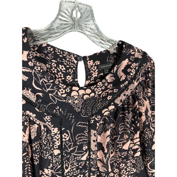 Ann Taylor Womens Black Pink Floral Blouse Large Long Sleeve Boho Peasant - Picture 8 of 11
